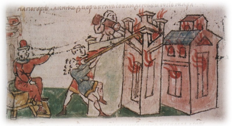 Большой пожар в Володимере в 1185 году. Миниатюра из Радзивилловской летописи, XV век.