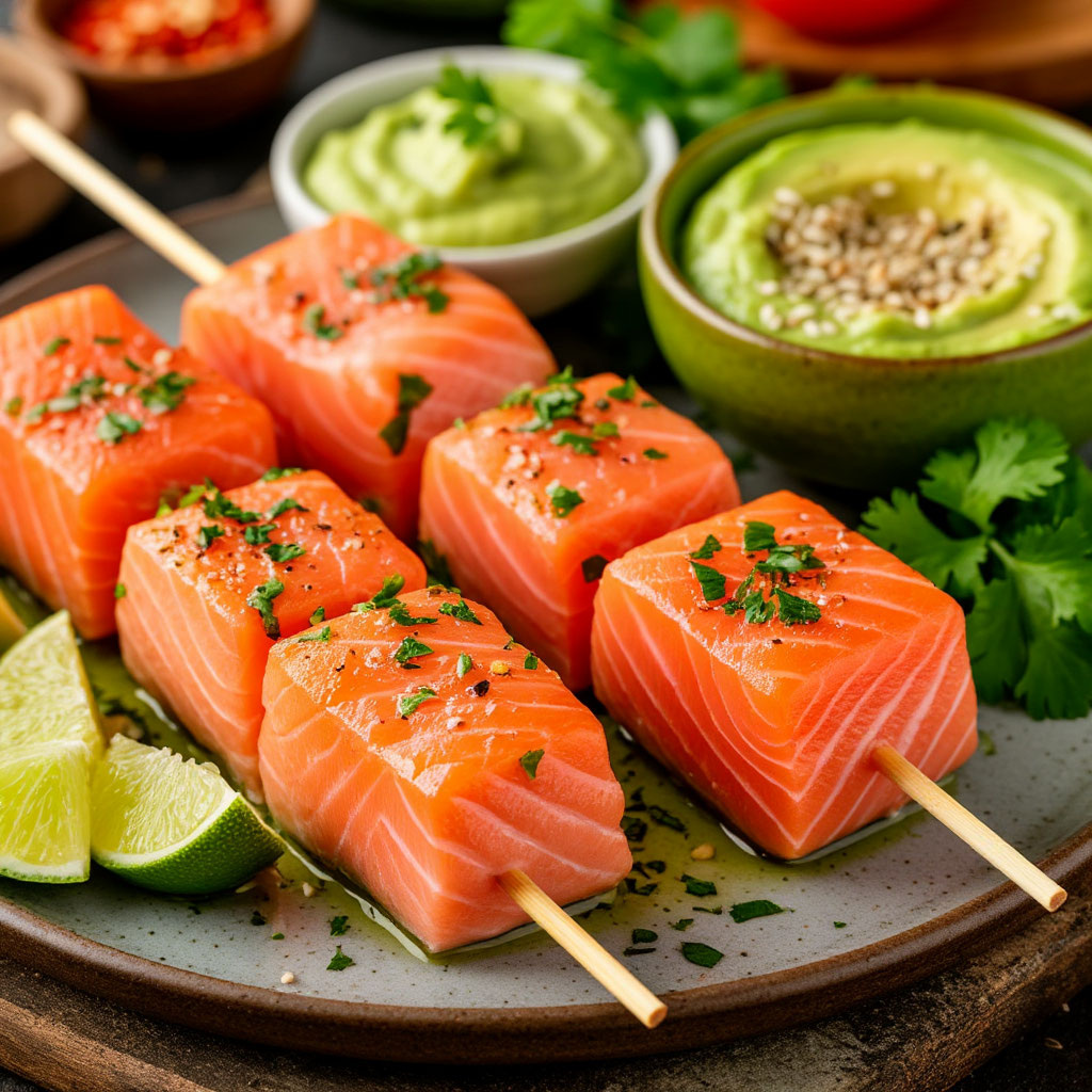 Шашлык из лосося и тунца с соусом из авокадо
