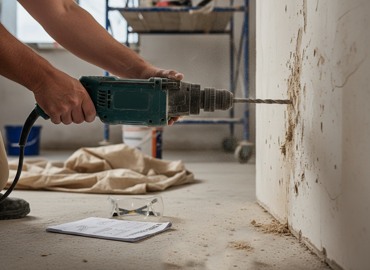 Одна рука на курке, вторая в воздухе, инструкция валяется под ногами, а стена уже похожа на карту боевых действий. Перфоратор здесь ни при чём — он просто попал в плохие руки.