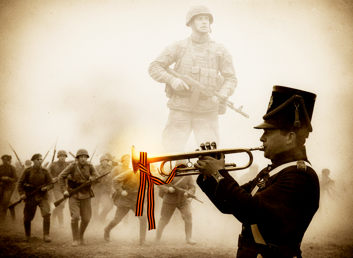 Трубач 1812 года играет сигнал атаки, и его музыку слышат солдаты 1941-го. А над ними, сквозь толщу времени, встают очертания тех, кто придет после. Военная музыка не знает срока давности — она звучит до тех пор, пока есть кому ее слушать и ради кого идти в бой.