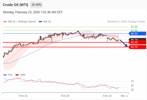 Нефть (WTI) (J6) в течение дня: Без тренда.  Наша точка разворота находится на уровне 66,60. Наше предпочтение:Продавать ниже 66,60 с целевыми точками 65,40 и 64,75. Альтернативный сценарий:Прорыв вверх уровня 66,60 откроет путь к 67,00 и 67,50. Анализ:Пока 66,60 - сопротивление, цена актива остаётся неустойчивой, но сохраняет нисходящий тренд 