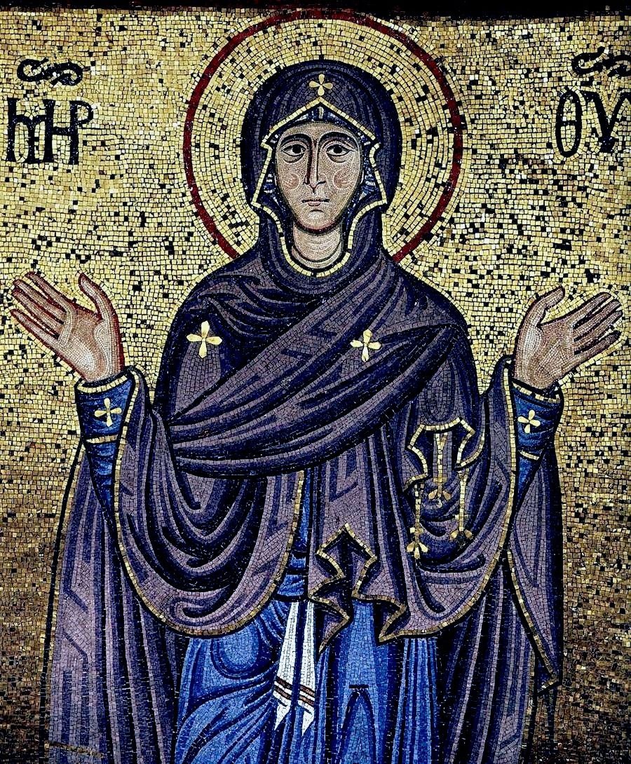 Богоматерь Оранта. Мозаика апсиды собора в Чефалу, Сицилия. 1148–1170 гг. Работа византийских мастеров .