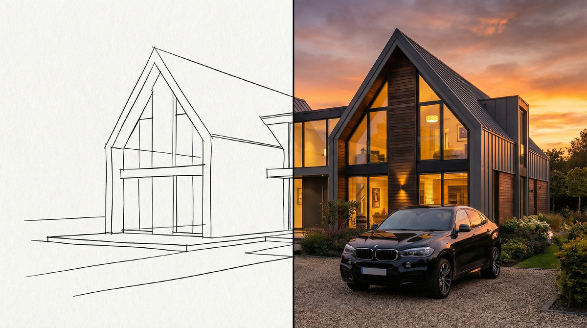 Результат генерации 3D  визуализации дома в 1 промпт.