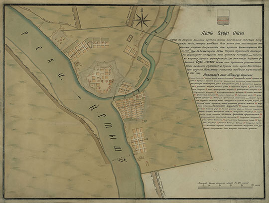 1786 год. План города Омска 1:8K. Масштаб - 100 сажен в английском дюйме. На полях - описание крепости и экспликация плана.