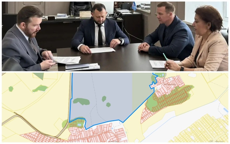    Подписание договора о «комплексном освоении участка» в деревне Багданово между администрацией Рязанского округа и инвестором. Фото: t.me/hotencevd, nspd.gov.ru