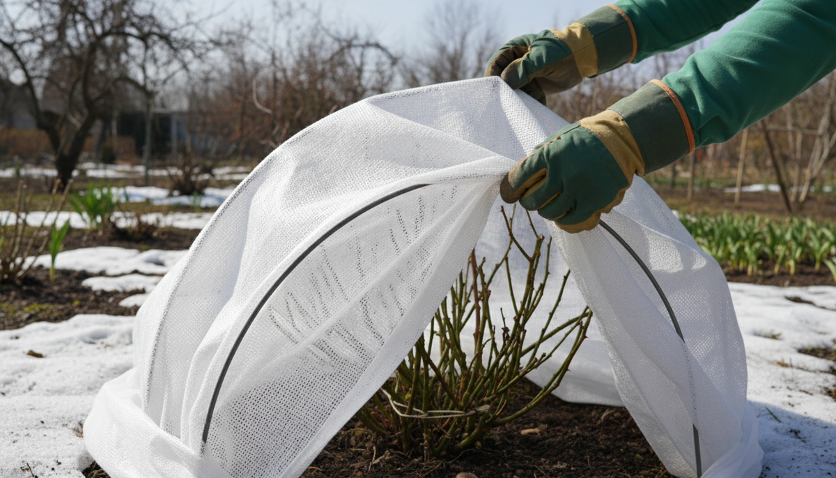 Приподнимаю край укрытия для проветривания — важная процедура в оттепель