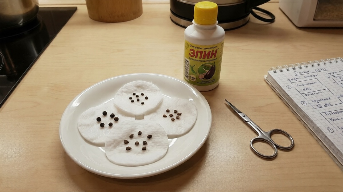 Замачивание семян перцев и баклажанов в стимуляторе роста перед посевом.