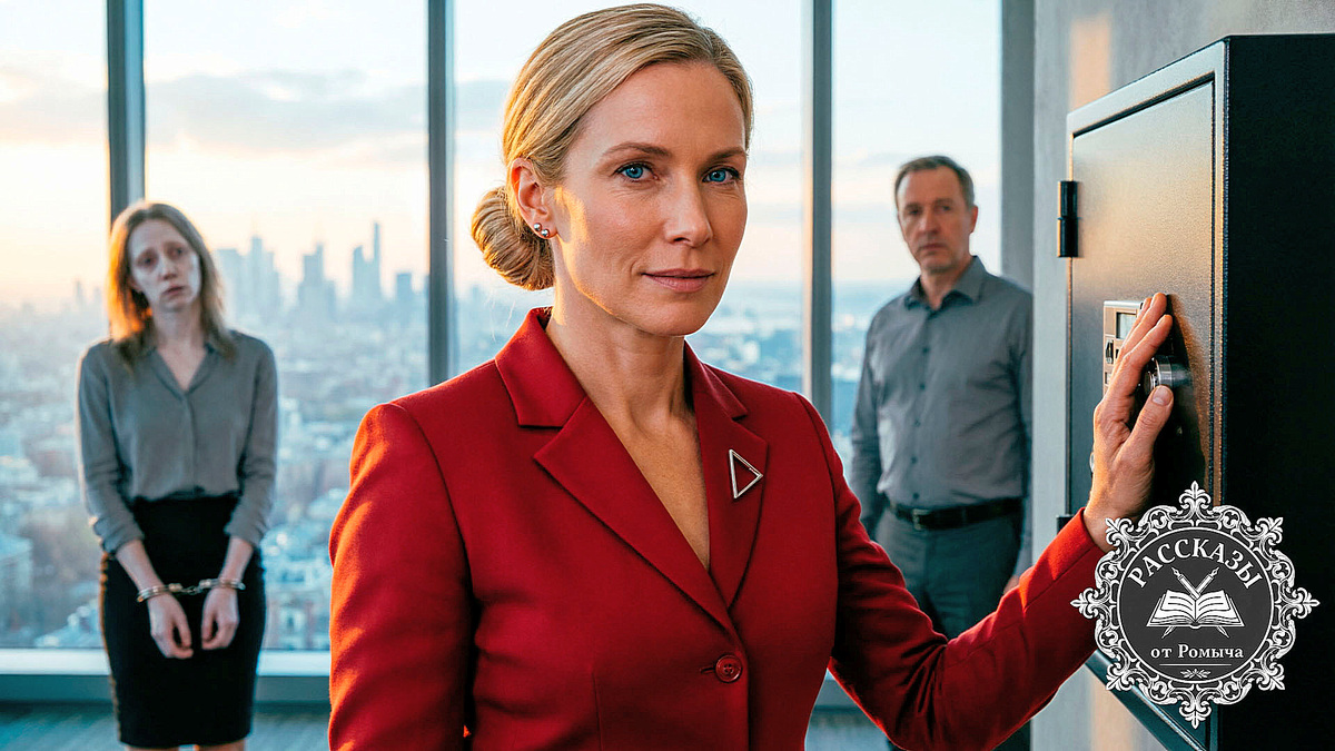 Торжествующая женщина в красном костюме у сейфа на фоне арестованной золовки