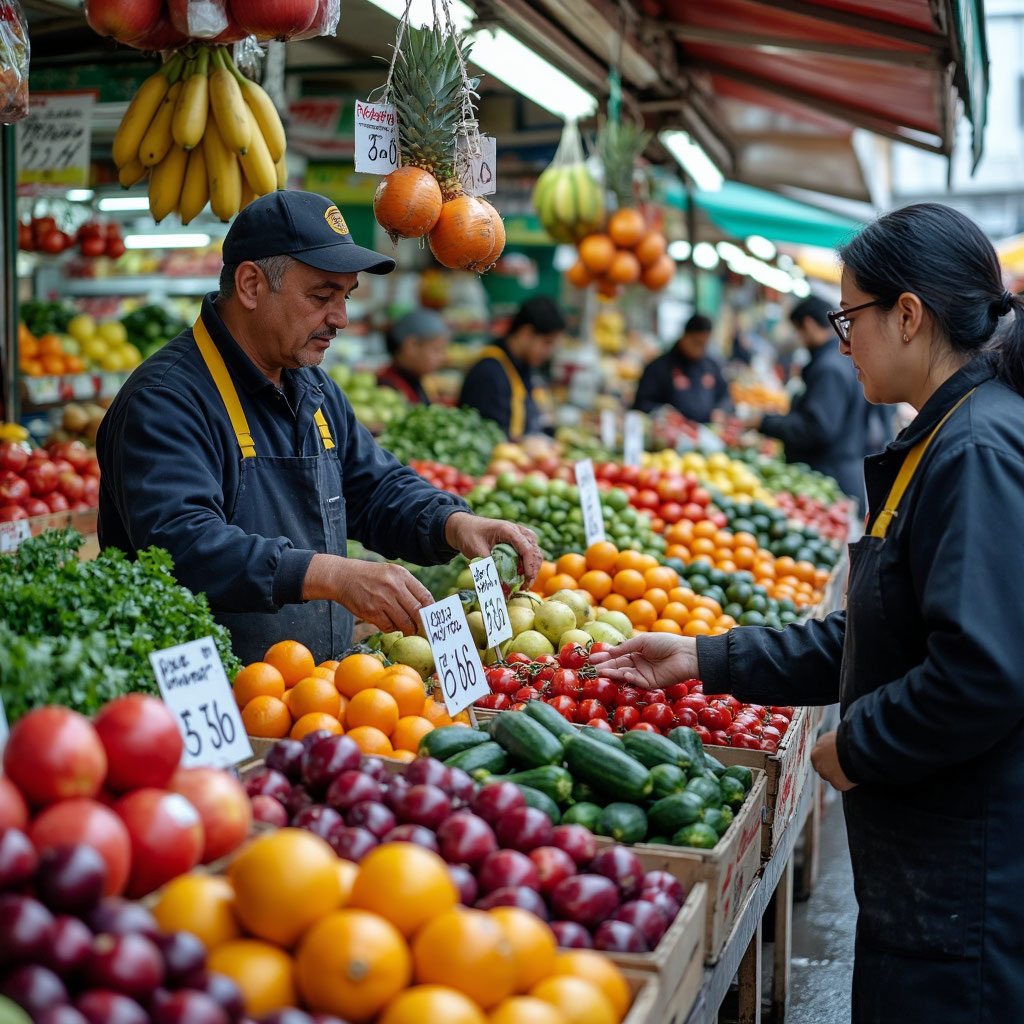 лавка с фруктами и овощами, продавцы в рабочей форме, покупатели выбирают продукты, яркие ценники.