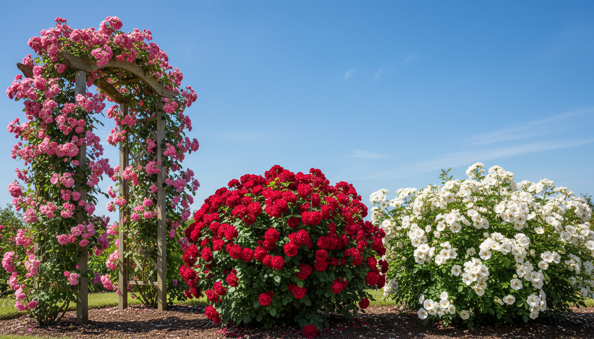 Три вида роз в одном кадре — сразу видно разницу между плетистой, кустовой и почвопокровной