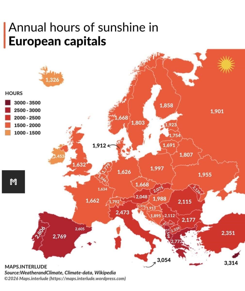    Сколько часов в год светит солнце в столицах Европы / Maps.Interlude