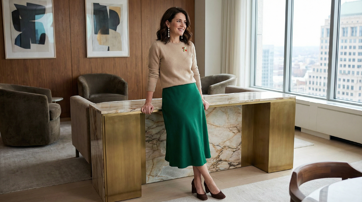 Округлый вырез собирает внимание на лице — серьги здесь главный акцент