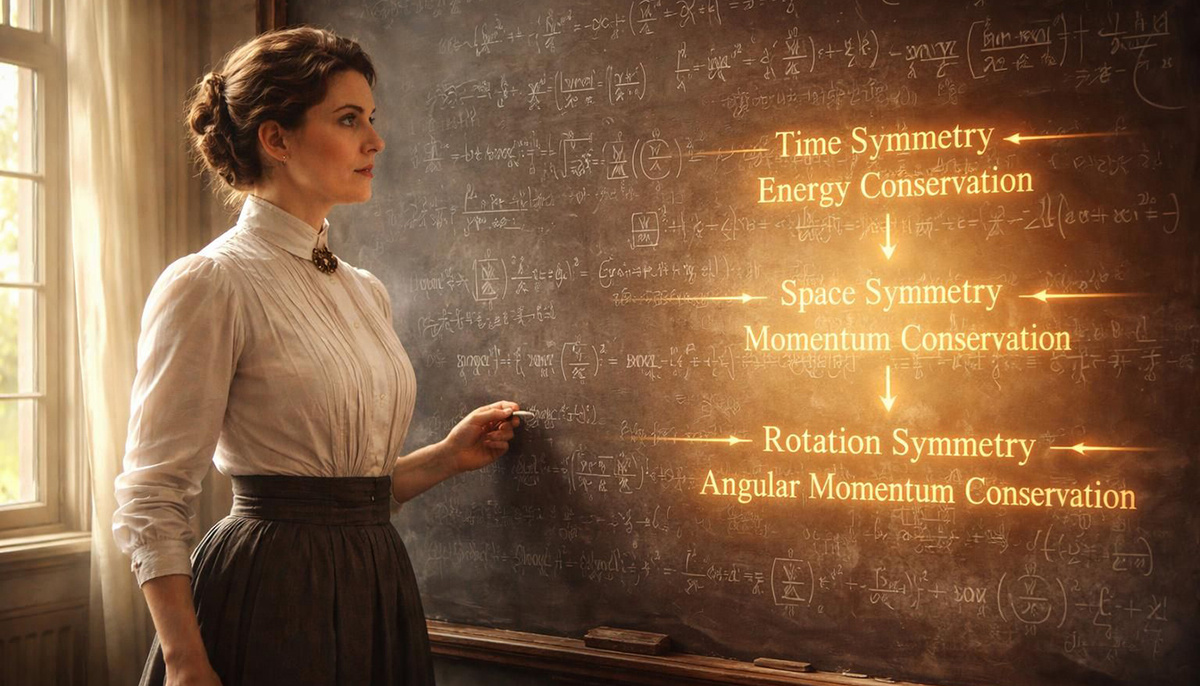 Эмми Нётер доказала: каждой непрерывной симметрии природы соответствует свой закон сохранения. Однородность времени даёт энергию, однородность пространства — импульс. Реконструкция Duck