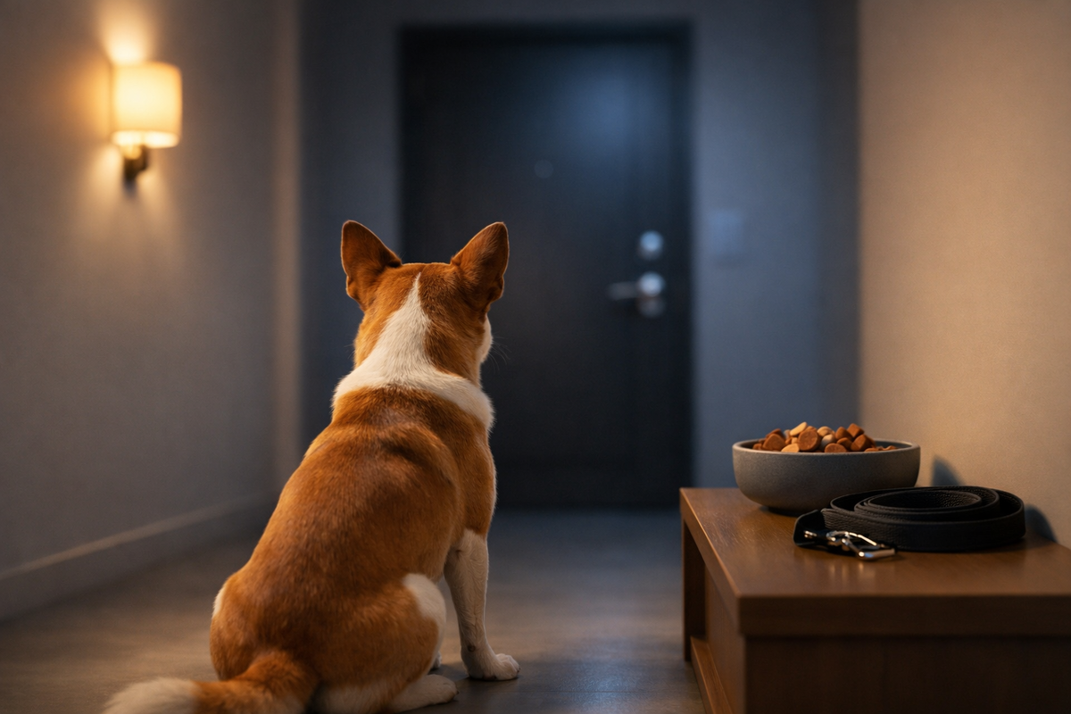 Ночной шорох в подъезде: собака у двери настороже, но вы держите ситуацию под контролем.