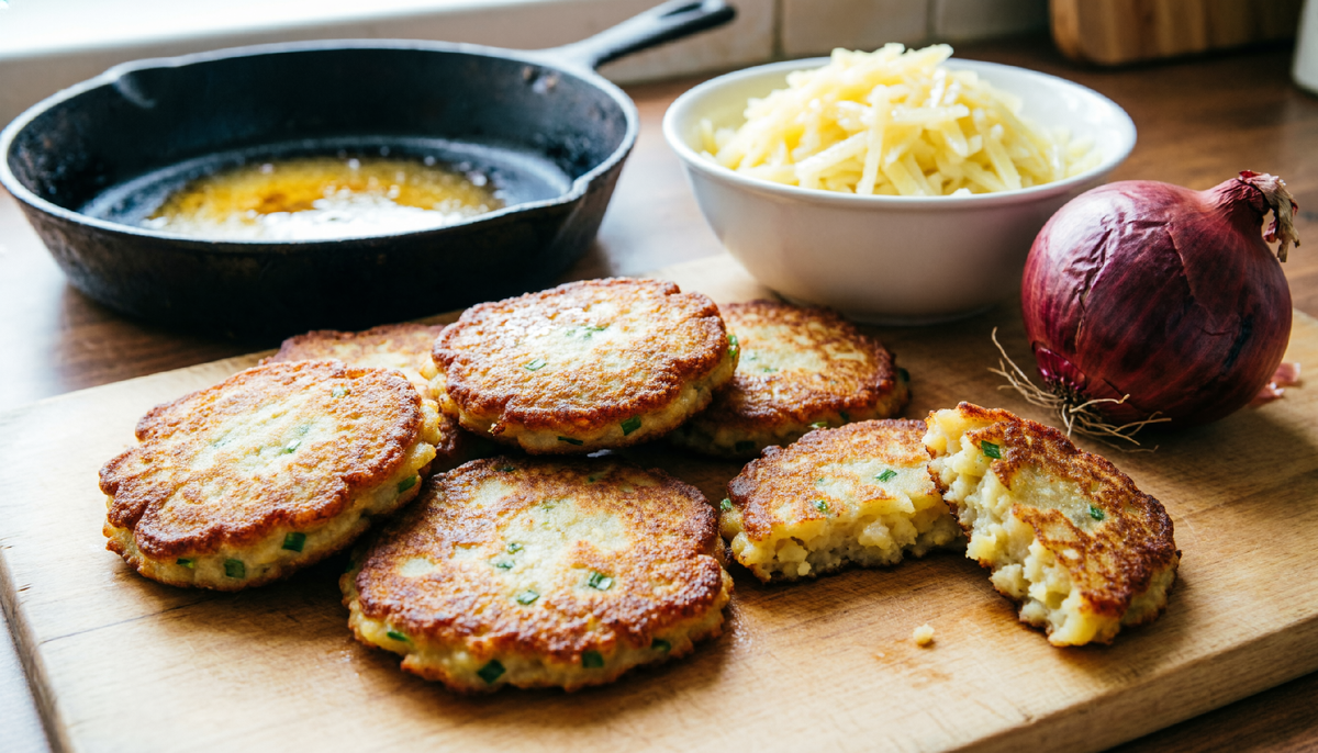 🧁 Финские картофельные оладьи “Рённыперунат” по-новосибирски: вместо ряженки — кефир, вместо лука-порея — репчатый лук. 