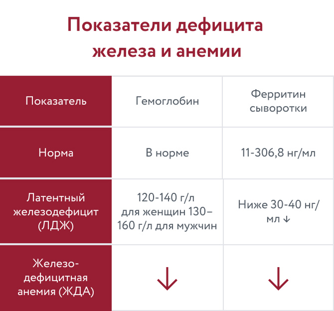 Показатели ферритина и гемоглобина в норме, при латентном дефиците железа и анемии
