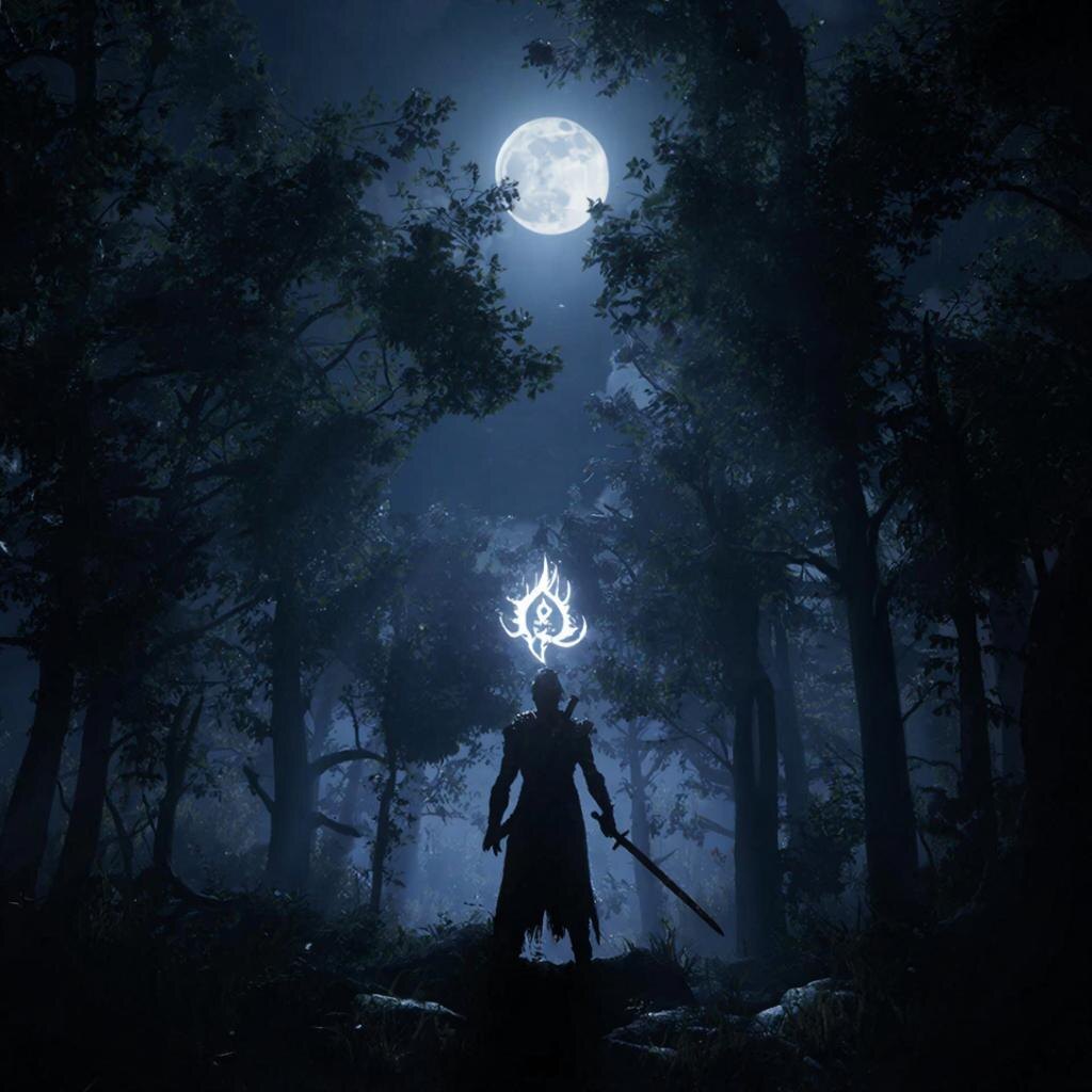 тёмный лес, пронизанный лунным светом, в центре – фигура человека с мечом, над ним светится загадочный символ