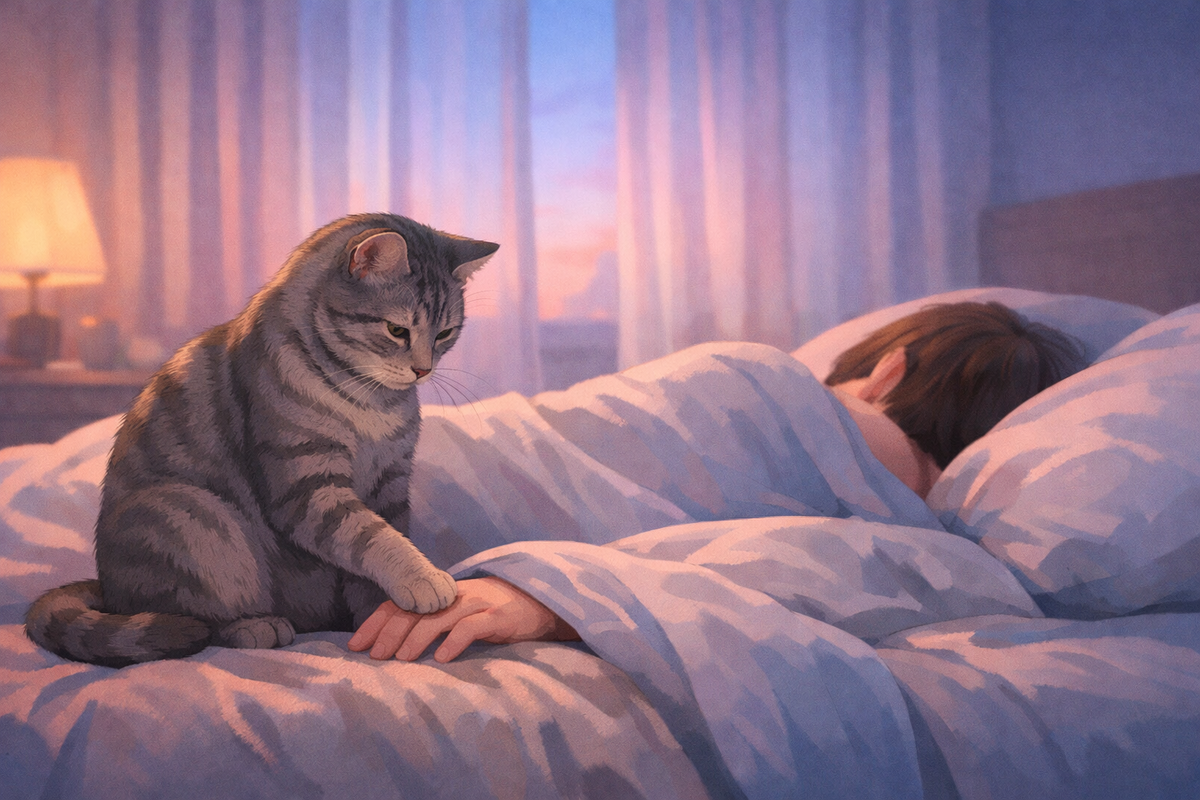 Тихий рассвет: кошка деликатно проверяет, проснулся ли человек в кровати.
