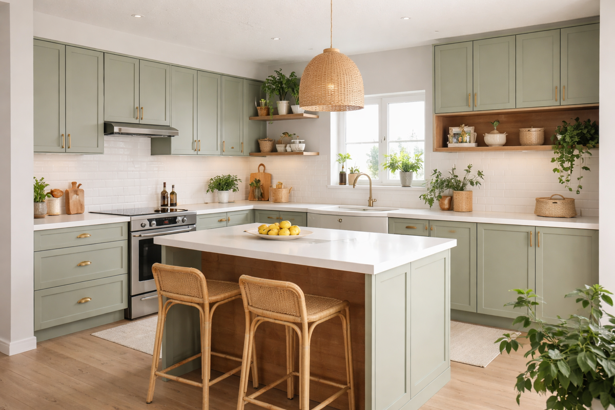 Скандинавская кухня с оливковыми фасадами и натуральными деталями