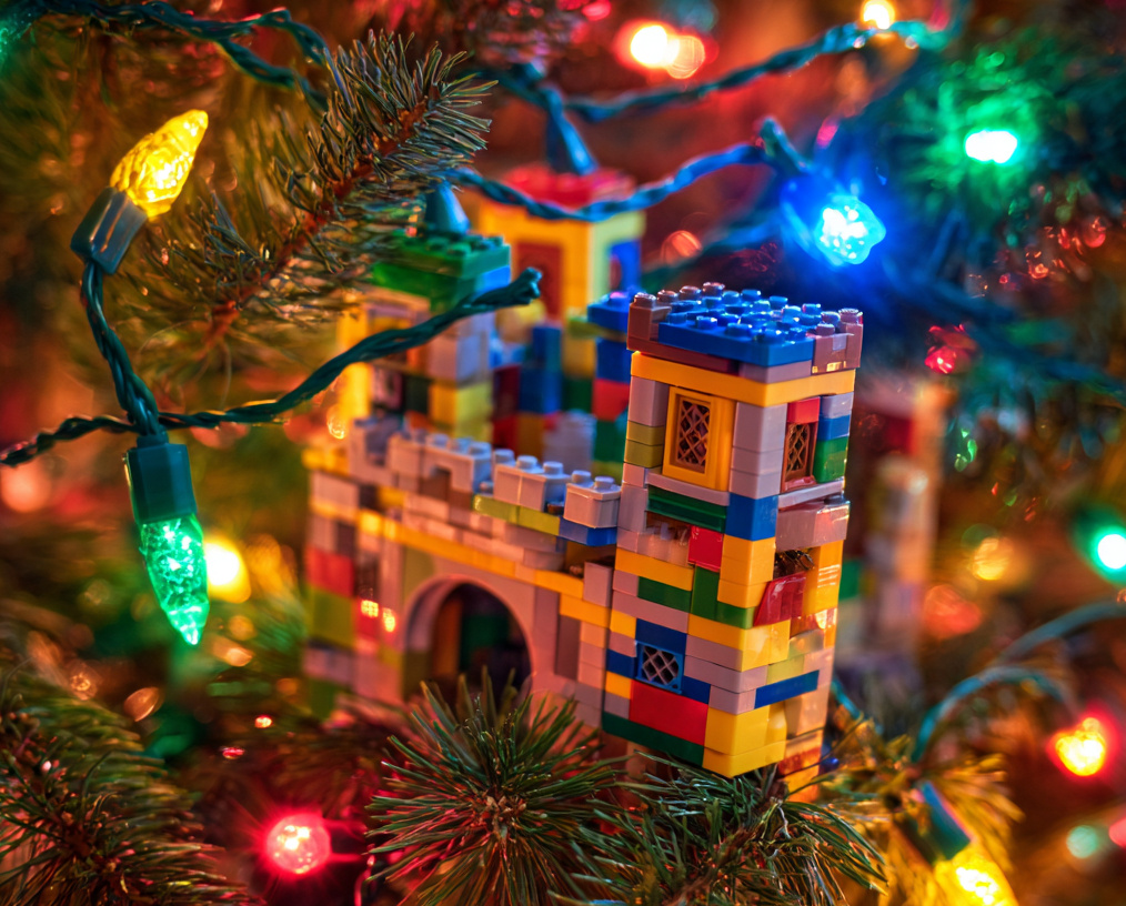 Замок из конструктора на ветвях новогодней ели – ностальгия из детства.