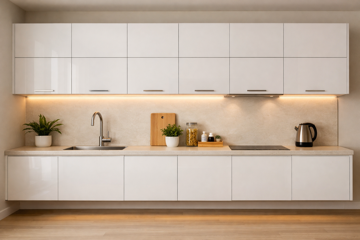Подвесная кухня в стиле минимализм с белыми фасадами и эффектом парения