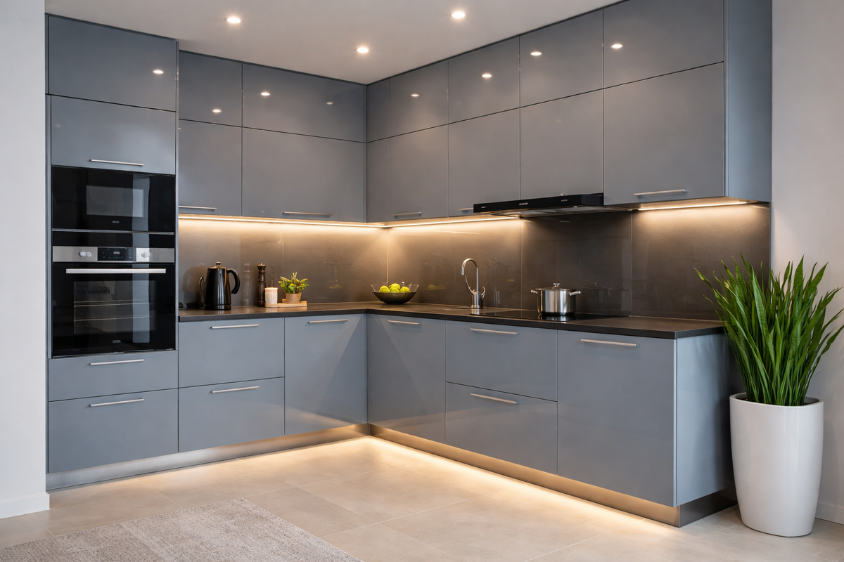 Подвесная кухня в стиле хай тек с серо-голубыми фасадами и нижней подсветкой
