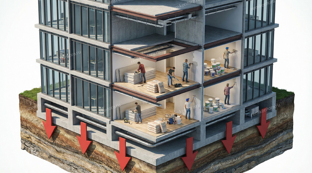 Как только выдают ключи, жильцы одновременно начинают ремонты. Десятки тонн стройматериалов (стяжка, штукатурка, блоки) дополнительно “догружают” дом, создавая колоссальное давление на фундамент и усиливая усадку»