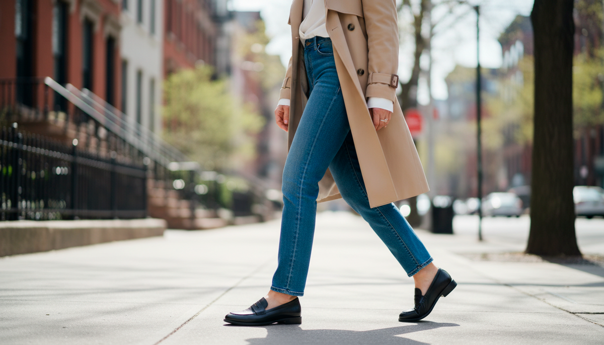 Чёрные лоферы + джинсы + тренч. Работает в 30, в 45 и в 55.