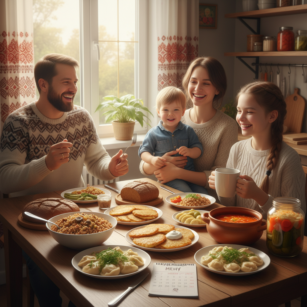 Дружная семья за бюджетным ужином: вместе вкуснее.