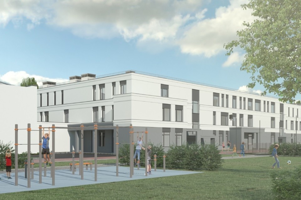    На территории школы предусмотрена спортивная площадка. Концепция с сайта «Абсолют Проекта»