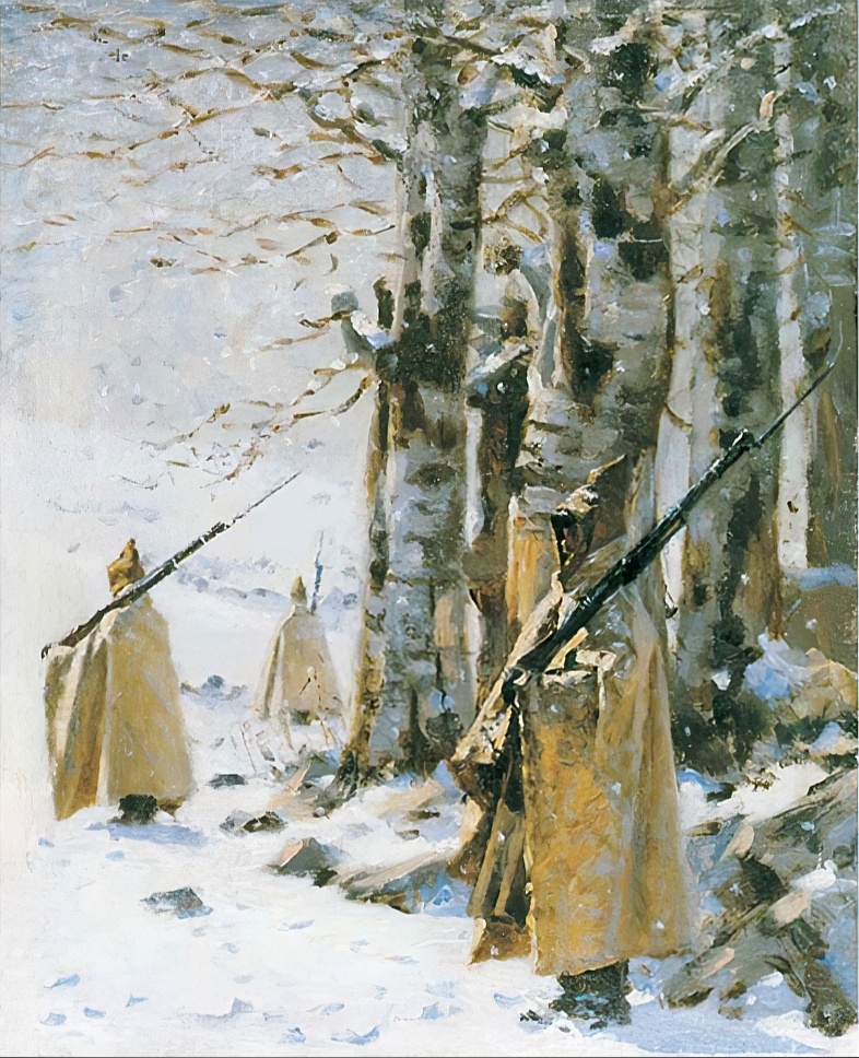 В. В. Верещагин (1842 – 1904) «Пикет в Балканах зимой», 1878 год. Холст, масло. Размеры: 47 × 38 см. Фото картины взято из открытого источника.