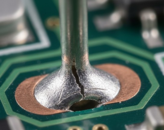 Причина — компонент двигался, пока припой застывал, или было резкое охлаждение места соединения. Чтобы исправить, повторно прогрейте соединение, удерживая компонент неподвижно до полного застывания.