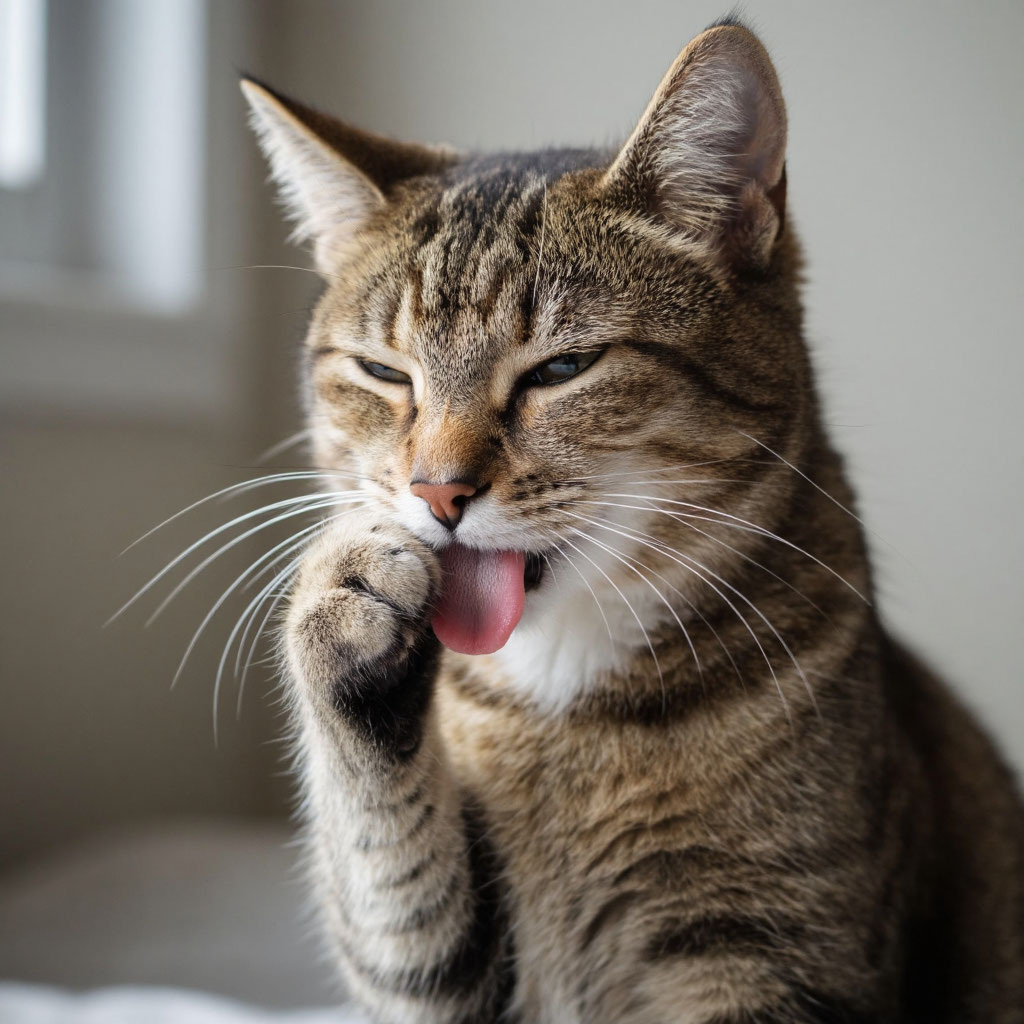 Кошка вылизывает рану на лапе