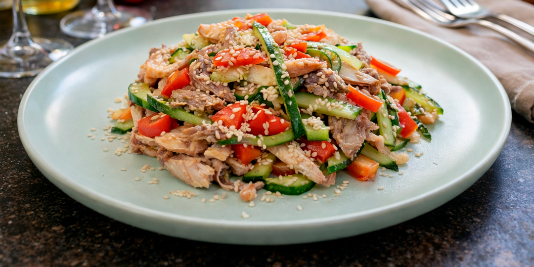 Салат с двумя видами мяса, грушей и хрустящим огурцом