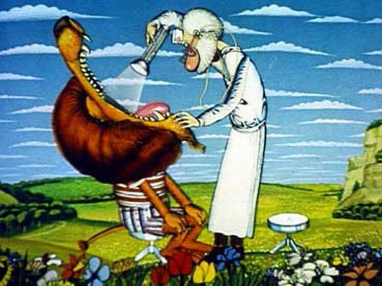     Доктор Айболит осматривает пасть льва. Кадр из 3-й серии «Варвара – злая сестра Айболита» от режиссера Давида Черкасского. Википедия