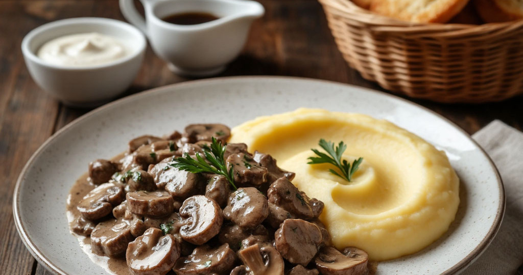 Бефстроганов с грибами: сочное мясо в нежном сметанном соусе 🥩🍄 Домашние рецепты с расчетом стоимости.