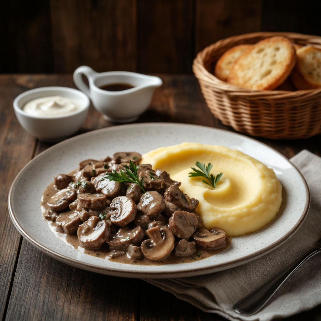Бефстроганов с грибами: сочное мясо в нежном сметанном соусе 🥩🍄