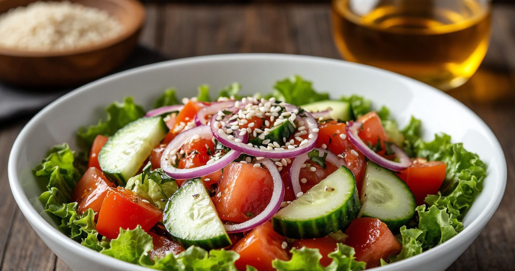 Овощной салат с горчичной заправкой и маринованным луком: пикантность в каждом кусочке 🥗🍋. Домашние рецепты с расчетом стоимости.