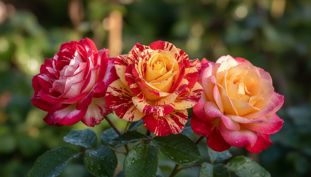 Три вида необычных роз: полосатая Abracadabra, двухцветная Double Delight и роза-хамелеон Masquerade. Фото автора

