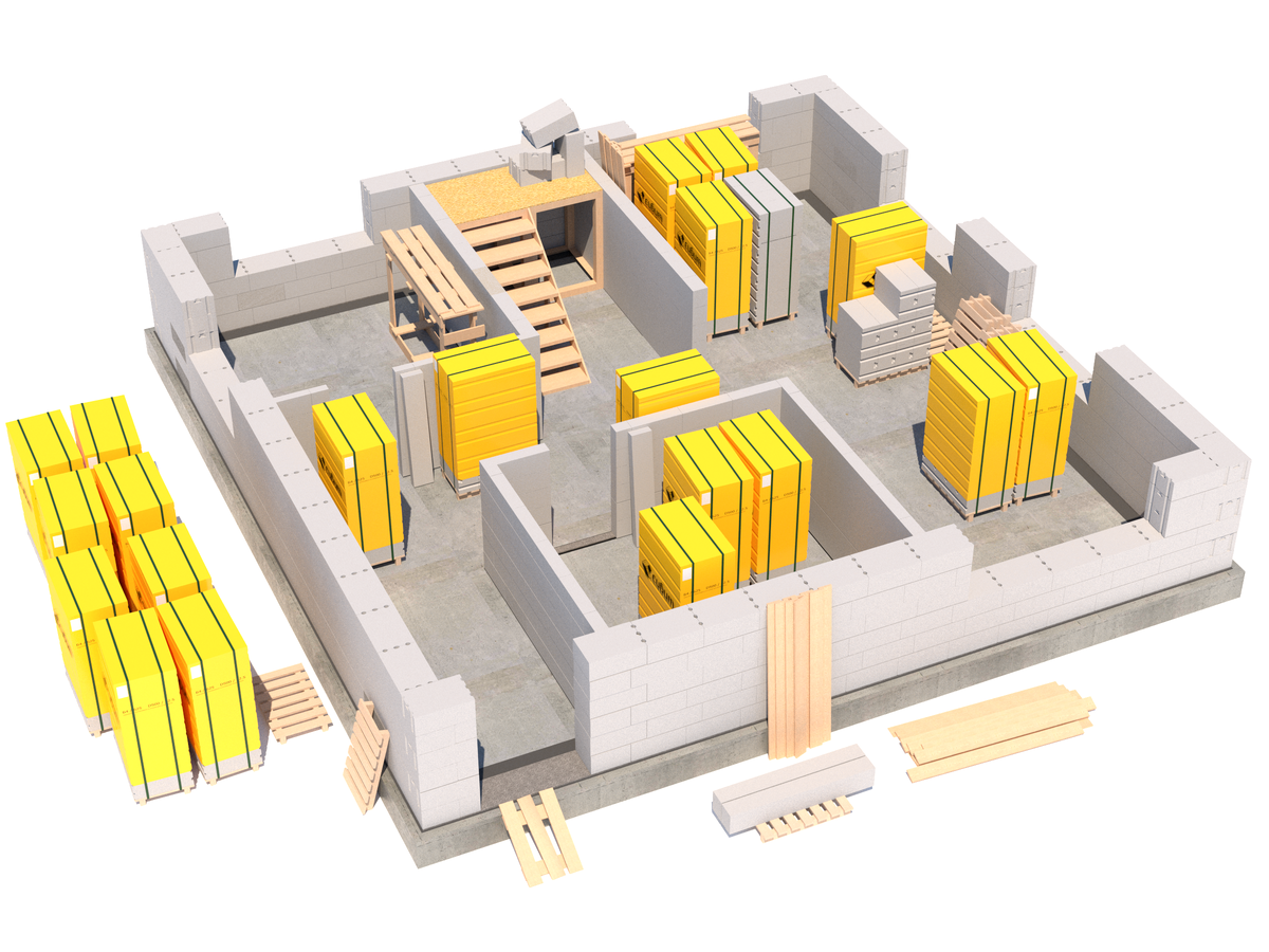Визуализация строительства частного дома из газобетонного блока на плите.