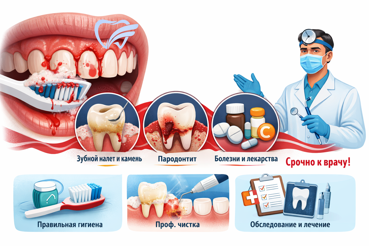 Иллюстрация наглядно показывает, почему кровоточат дёсны: воспаление, зубной налёт и камень, пародонтит, влияние лекарств и общих заболеваний. Визуально отражены основные причины проблемы и правильные решения — грамотная гигиена, профессиональная чистка и своевременное обращение к стоматологу.