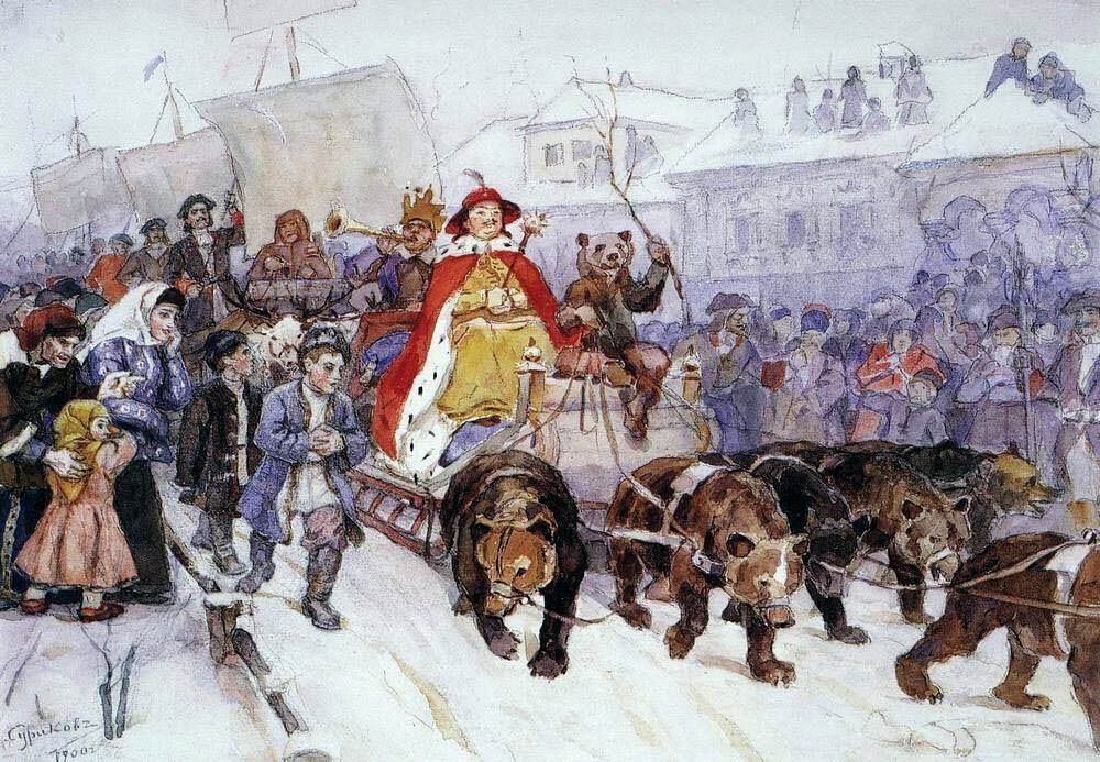 Василий Суриков «Большой маскарад в 1772 году на улицах Москвы с участием Петра I и князя-кесаря И.Ф.Ромодановского», источник: https://runivers.ru/gallery/proizvedenie-iskusstva/16356/
