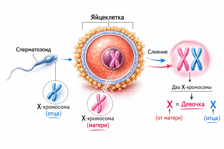Во время оплодотворения объединяются генетические материалы яйцеклетки и сперматозоида. Яйцеклетка всегда содержит X-хромосому, сперматозоид — X или Y. Если от отца передаётся X-хромосома, формируется сочетание XX — женский пол.