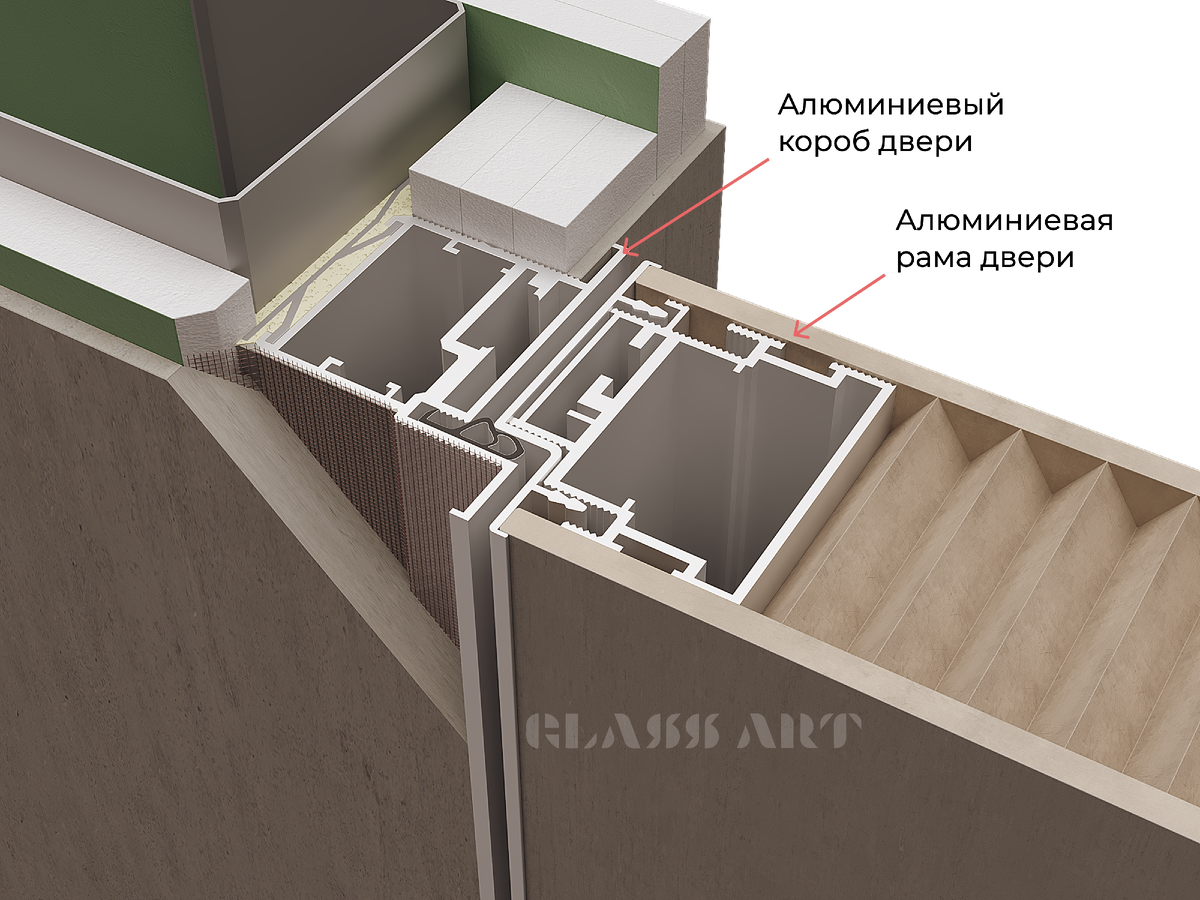 Визуализация контрукции алюминиевого скрытого короба и полотна двери