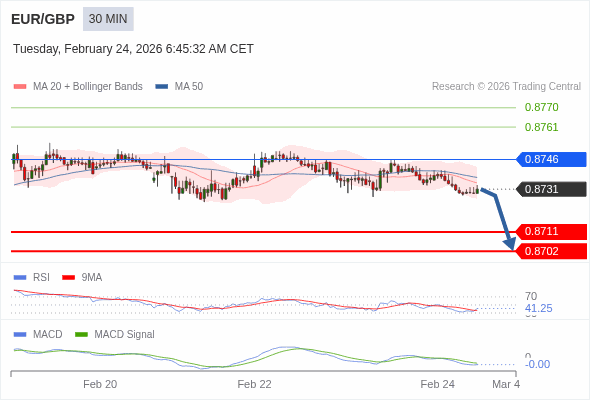EUR/GBP Текущий : медвежий ниже 0,8746. Наша точка разворота находится на уровне :0,8746. Наше мнение :Медвежий ниже 0,8746. Альтернативный сценарий :При прорыве вверх 0,8746, EUR/GBP может достигнуть 0,8761 и 0,8770. Комментарий:RSI находится ниже нейтральной зоны 50. MACD ниже своей сигнальной линии и негативен. Конфигурация медвежья. Кроме того, курс находится ниже своих 20 и 50-дневных скользящих средних (соответственно находящихся на уровнях 0,8734 и 0,8737). 