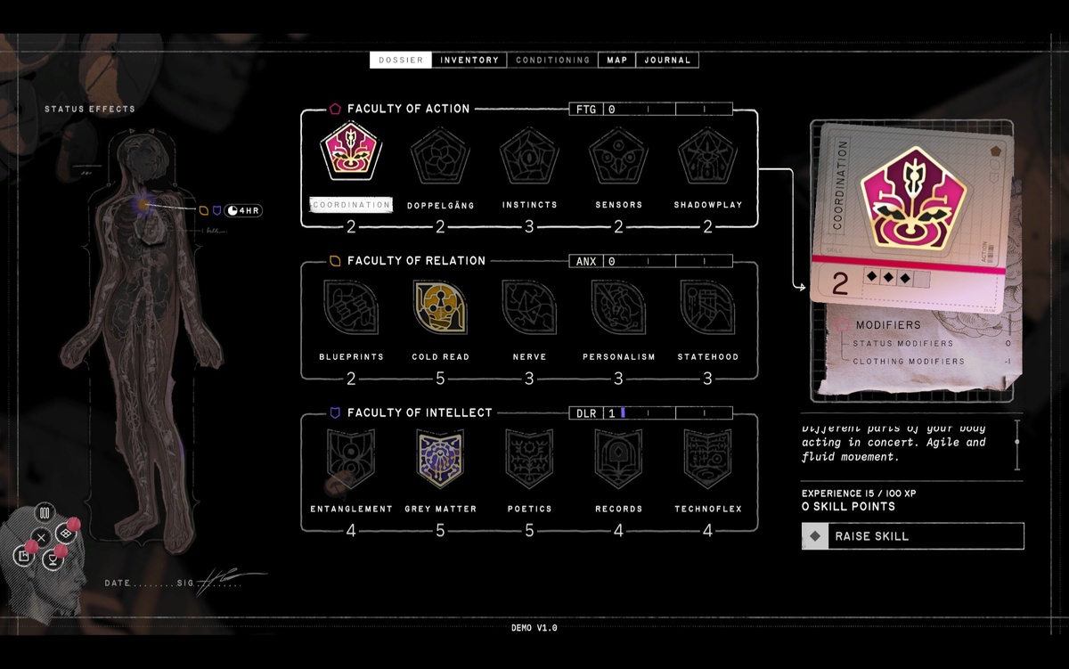 В игре 15 навыков, разделенных на три категории