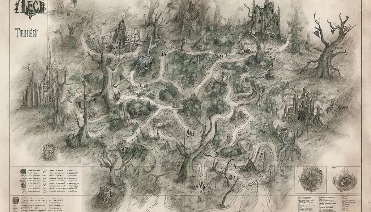 Карта Леса Теней в мире Вертонии. Иллюстрация карты создана мной для дальнейшей ее разработки.