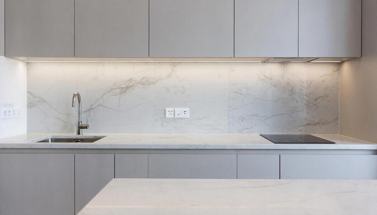 Современная кухня с матовыми пластиковыми фасадами светло-серого цвета, кварцевой столешницей и фартуком из керамогранита под мрамор. Крупный план фасадов.