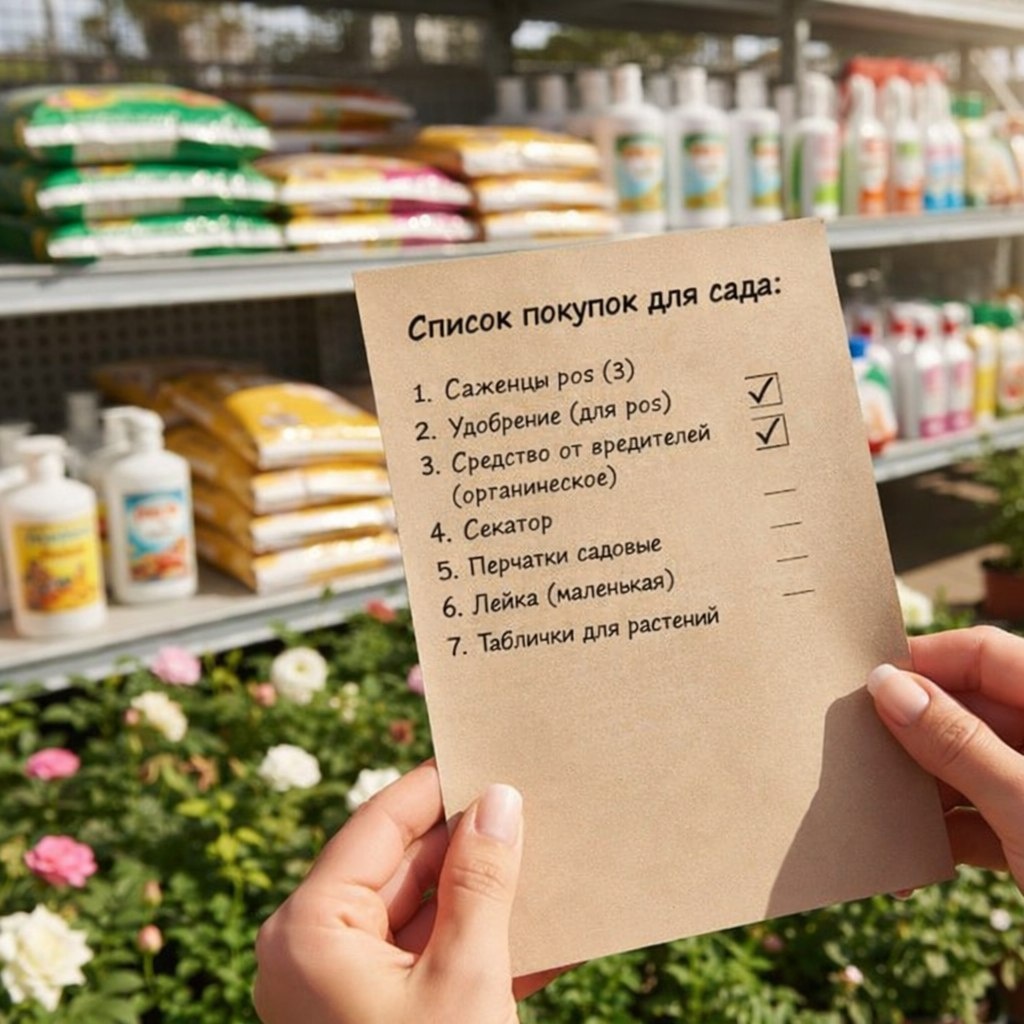 Чек-лист покупок для розария в руках садовода на фоне садового центра