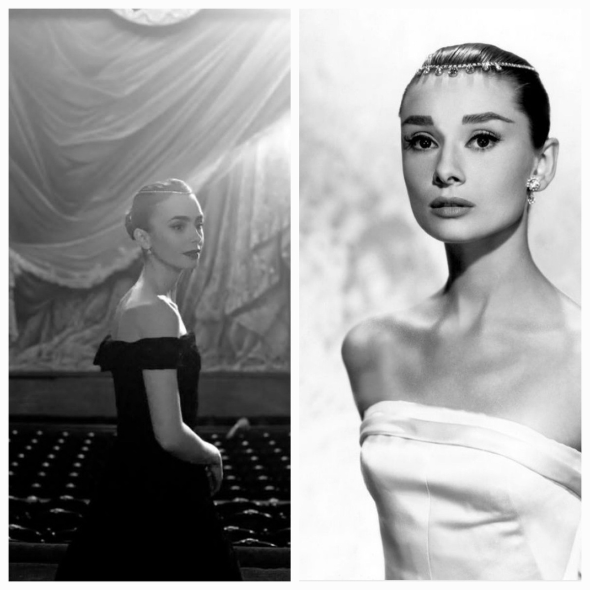 Лили Коллинз и Одри Хепберн. Материал: Lily Collins и из сети.